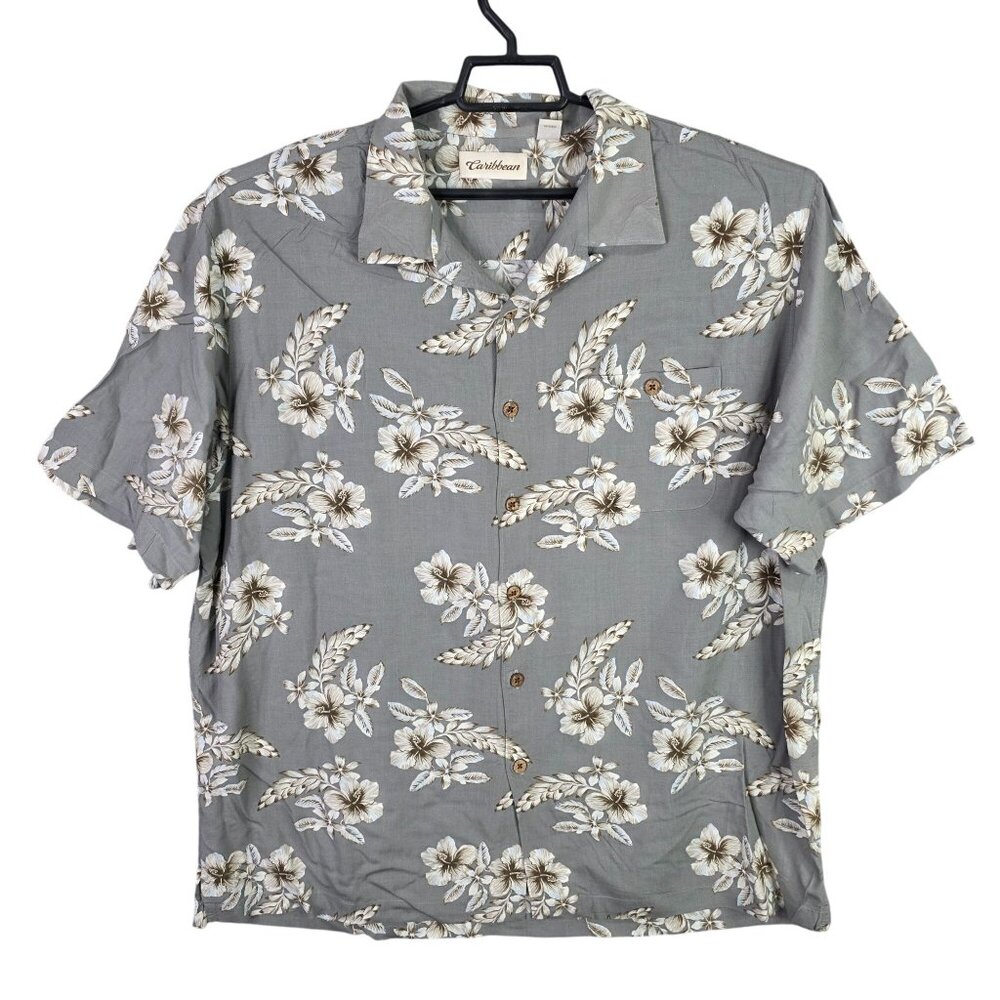 Mens Caribbean Gray Floral Hawaiian Shirt Button Up Short Sleeve Rayon Size XL